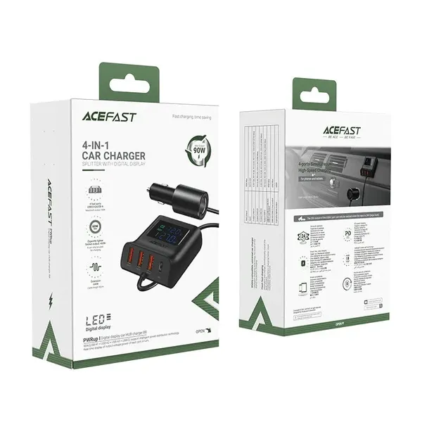 Acefast ładowarka samochodowa 90W USB Typ C / 3x USB / gniazdo zapalniczki, PPS, PD3.0, QC3.0, AFC, FCP stacja ładująca czarny (