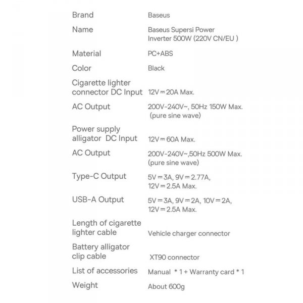 Baseus samochodowa przetwornica inwerter prądu 150W 12V / 500W  220V (wtyczka EU i CN) czarny (CGNB000101)