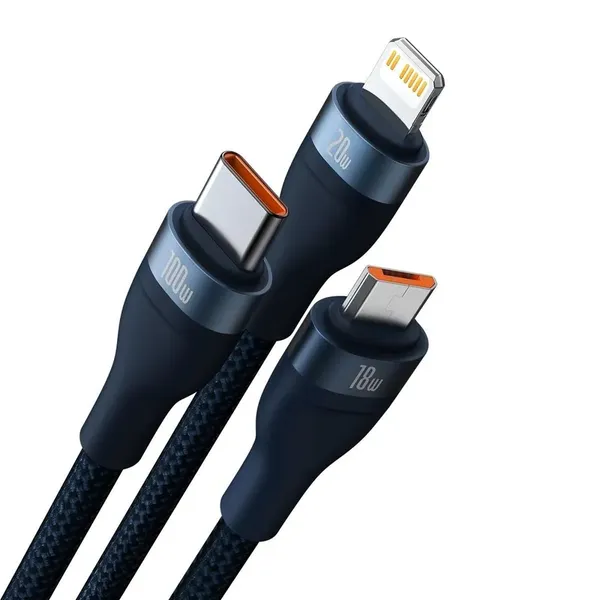 Baseus Flash Series II kabel USB Typ C / USB Typ A - USB Typ C / Lightning / micro USB 100 W 1,2 m niebieski (CASS030103)