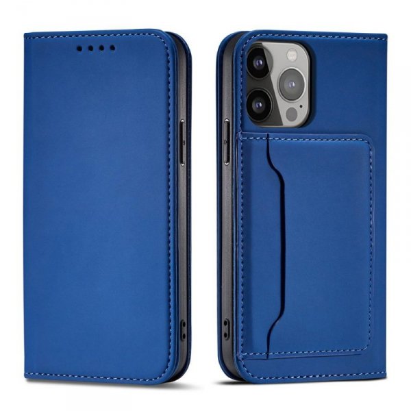 Magnet Card Case etui iPhone 14 Plus pokrowiec z klapką portfel podstawka niebieskie