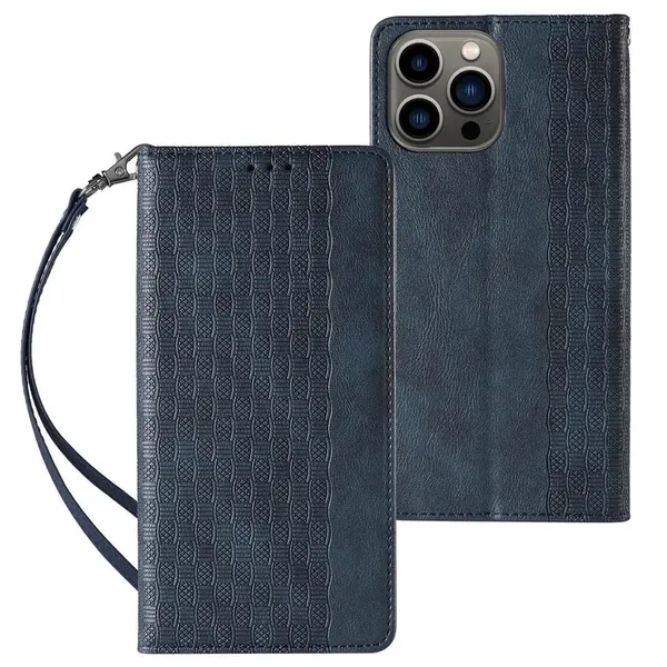 Magnet Strap Case etui iPhone 14 pokrowiec z klapką portfel mini smycz podstawka niebieskie