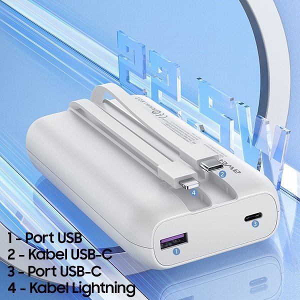 AWEI PowerBank P169K 20000mAh 22.5Wczarny/black wyświetlacz + kable PD/Lightning