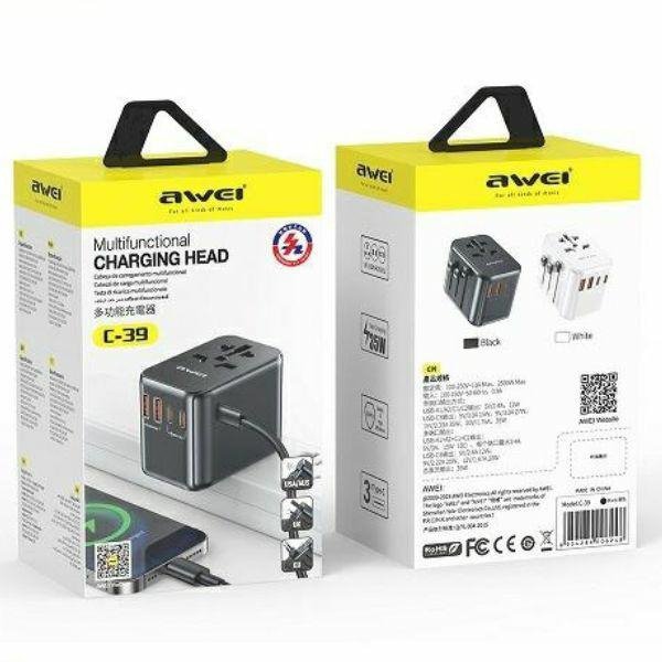 AWEI Adapter siec 2xUSB+3xUSB-C C-39 35W4w1 US/AU/EU/UK czarny/black Universal Travel GaN Charger