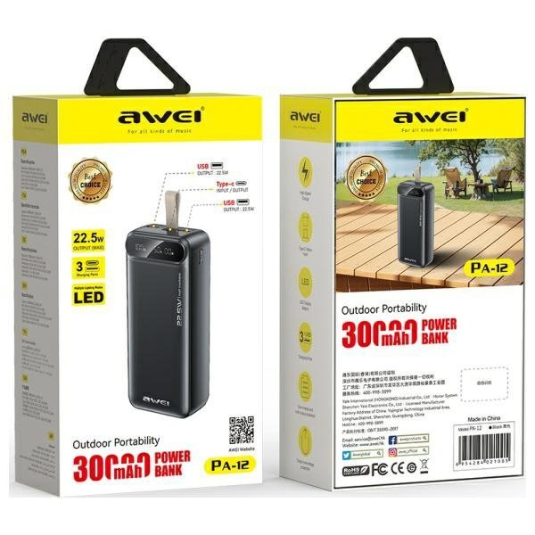AWEI PowerBank PA-12 30000mAh 22.5W      czarny/black