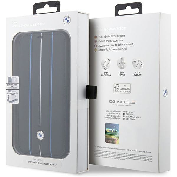 Etui BMW BMBKP14L22RVSK iPhone 14 Pro 6,1&quot; czarny/black bookcase Leather Stamp Blue Lines