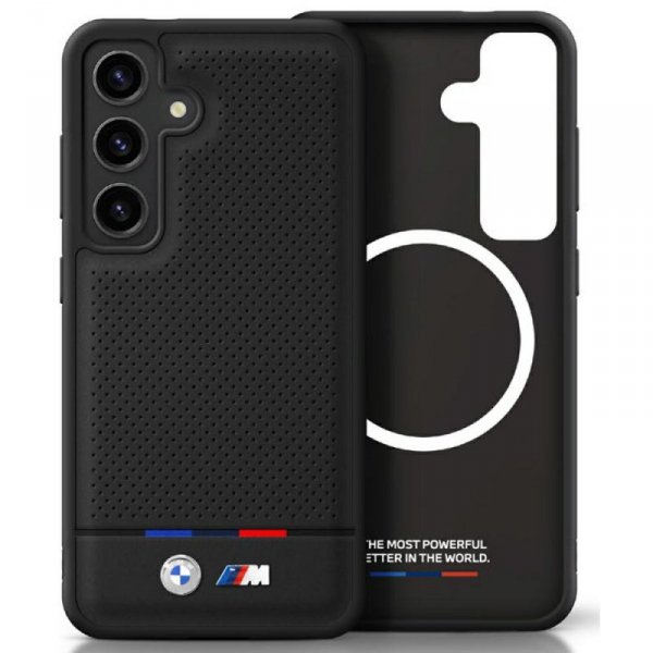 Etui BMW Leather Tricolor Stripe MagSafe do Samsung Galaxy S25 czarny