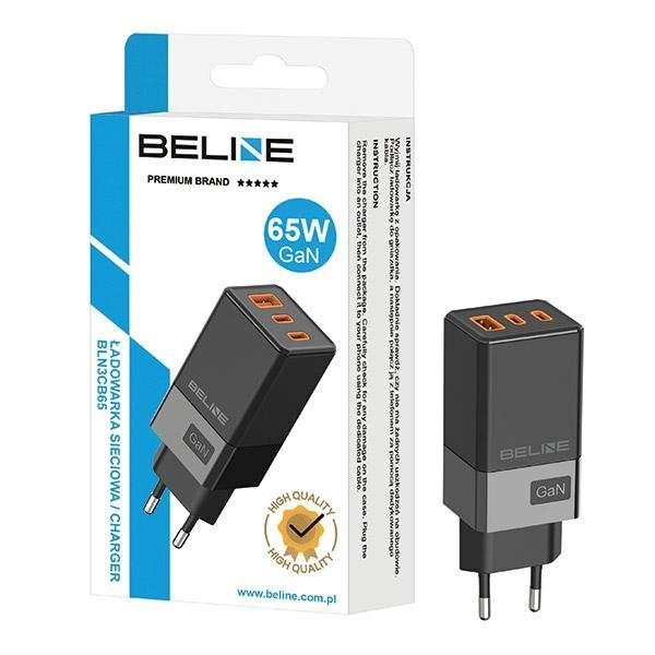 Beline Ładowarka sieciowa 2x USB-C + 1x USB 65Wczarny/black (only head) PD 3.0 + QC 3.0  BLN3CB65 GaN