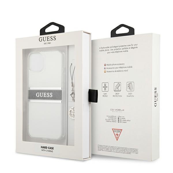 Guess GUHCP13SKB4GGR iPhone 13 mini 5,4&quot; Transparent hardcase 4G Grey Strap Charm