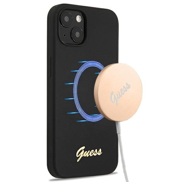 Guess GUHMP13MLSLMGBK iPhone 13 / 14 /6.1&quot; black/czarny hardcase Silicone Script Gold Logo Magsafe