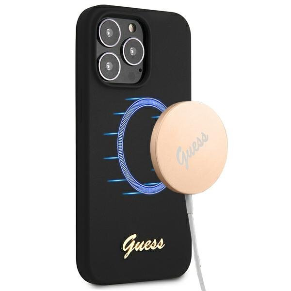 Guess GUHMP13LLSLMGBK iPhone 13 Pro / 136,1&quot; black/czarny hardcase Silicone Script Gold Logo MagSafe