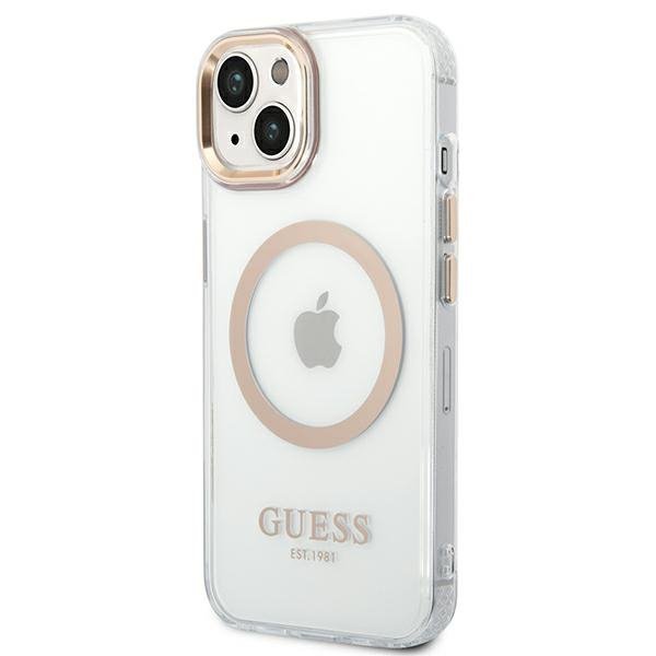 Guess GUHMP14SHTRMD iPhone 14 / 15 / 13 6.1&quot; złoty/gold hard case Metal Outline Magsafe