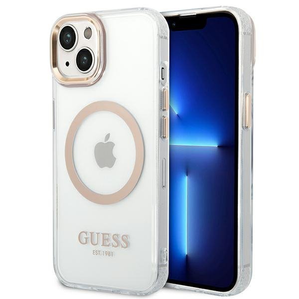 Guess GUHMP14MHTRMD iPhone 14 Plus / 15 Plus 6.7&quot; złoty/gold hard case Metal Outline Magsafe