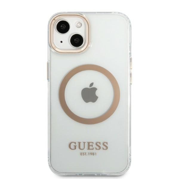 Guess GUHMP13MHTRMD iPhone 13 / 14 / 15 6.1&quot; złoty/gold hard case Metal Outline Magsafe