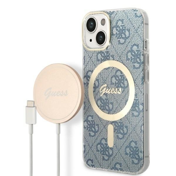 Zestaw Guess GUBPP14SH4EACSB Case+ Charger iPhone 14 / 15 / 13 6,1&quot; niebieski/blue hard case 4G Print MagSafe