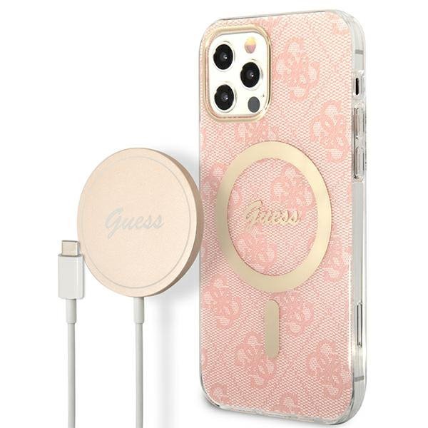 Zestaw Guess GUBPP12MH4EACSP Case+ Charger iPhone 12/12 Pro różowy/pink hard case 4G Print MagSafe