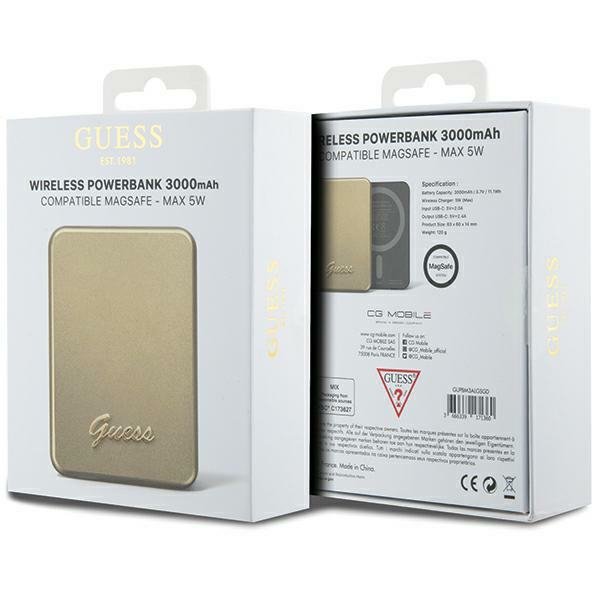 Guess Powerbank indukcyjny 5W GUPBM3ALGSGD 3000mAh złoty/gold MagSafe Metal Script Logo