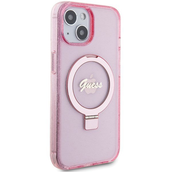 Guess GUHMP15SHRSGSP iPhone 15 / 14 / 13 6.1&quot; różowy/pink hardcase Ring Stand Script Glitter MagSafe