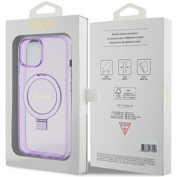 Guess GUHMP15MHRSGSU iPhone 15 Plus / 14 Plus 6.7&quot; fioletowy/purple hardcase Ring Stand Script Glitter MagSafe