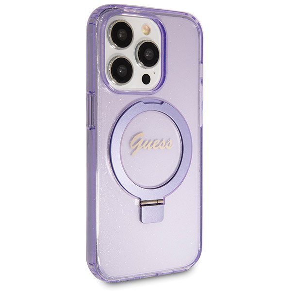Guess GUHMP13LHRSGSU iPhone 13 Pro / 13 6.1&quot; fioletowy/purple hardcase Ring Stand Script Glitter MagSafe