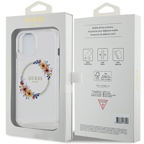 Guess GUHMP15SHFWFCT iPhone 15 / 14 / 13 6.1&quot; transparent hardcase IML Flowers Wreatch MagSafe