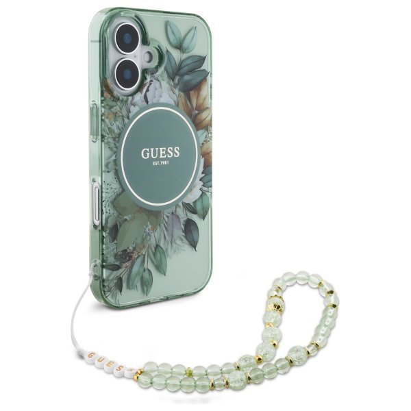 Guess GUHMP16MHFWBRCESN iPhone 16 Plus6.7&quot; zielony/green hardcase IML Flowers With Pearl Strap MagSafe