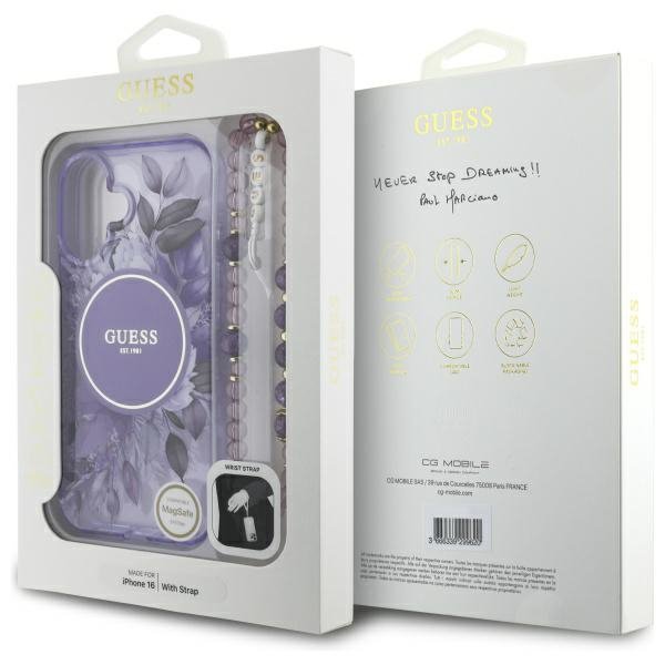 Guess GUHMP16MHFWBRCESU iPhone 16 Plus 6.7&quot; fioletowy/purple hardcase IML Flowers With Pearl Strap MagSafe