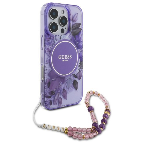 Guess GUHMP16XHFWBRCESU iPhone 16 ProMax 6.9&quot; fioletowy/purple hardcase IML Flowers With Pearl Strap MagSafe