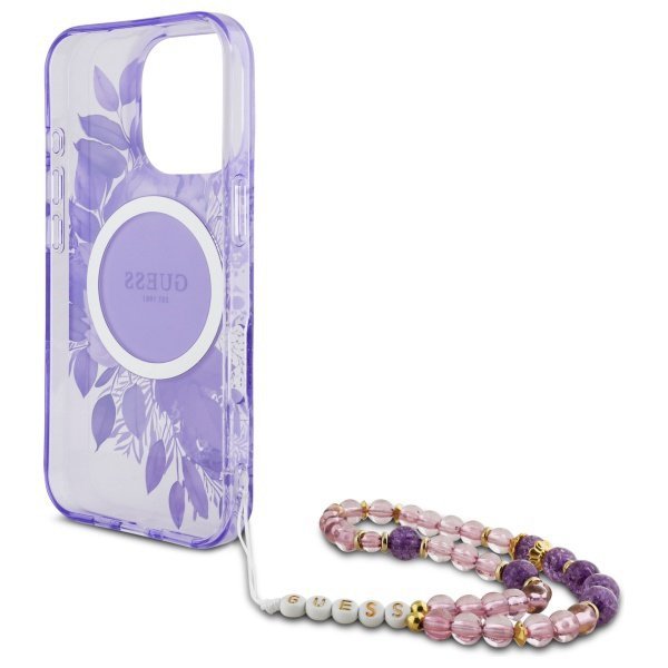 Guess GUHMP16XHFWBRCESU iPhone 16 ProMax 6.9&quot; fioletowy/purple hardcase IML Flowers With Pearl Strap MagSafe