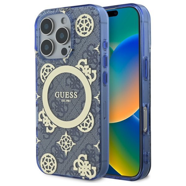 Guess GUHMP16LH4PYEEB iPhone 16 Pro 6.3&quot; niebieski/blue hardcase IML Peony On 4G Background MagSafe