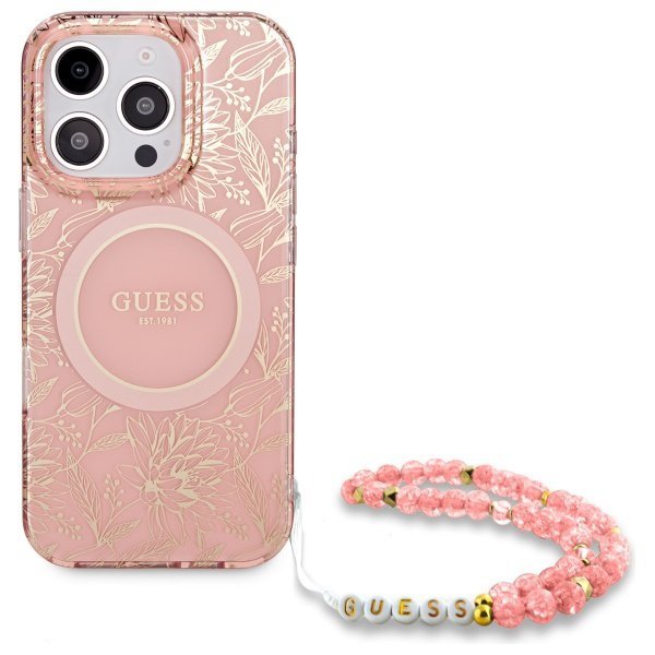 Guess GUHMP16XHCPOFPP iPhone 16 Pro Max  6.9&quot; różowy/pink hardcase IML Flowers Allover Electro With Pearl Strap MagSafe