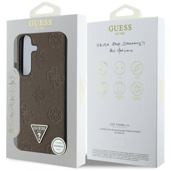Etui Guess Grained Hot Stamp Peony       Pattern Triangle Logo MagSafe do Samsung Galaxy S25 brązowy