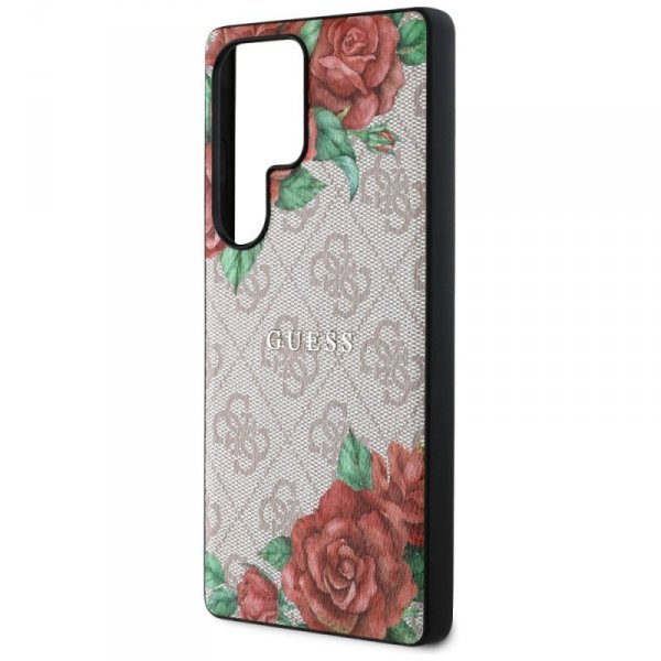 Etui Guess Leather 4G Flowers Print      Metal Classic Logo MagSafe Samsung Galaxy S25 Ultra różowy