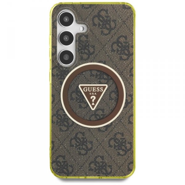 Etui Guess 4G Glitter Triangle Buttons   MagSafe do Samsung Galaxy S25 brązowy