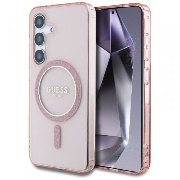Etui Guess Glitter Circle Classic Logo   MagSafe do Samsung Galaxy S25 różowy