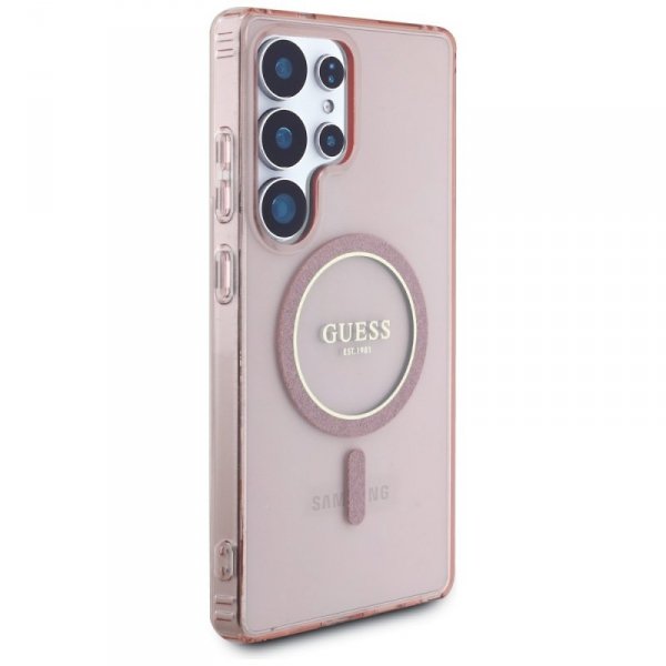 Etui Guess Glitter Circle Classic Logo   MagSafe do Samsung Galaxy S25 Ultra różowy