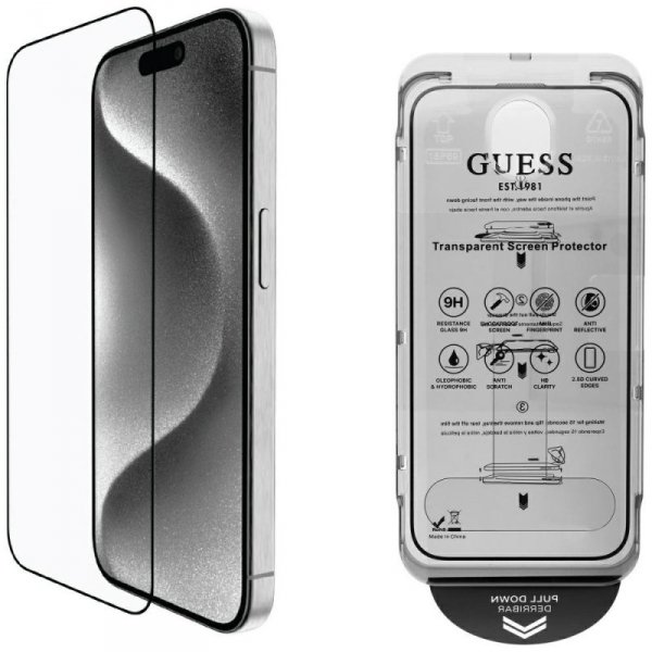 Zestaw 2w1 Guess BP Rhinestone szkło na  ekran i obiektyw aparatu do iPhone 16 Pro Max złoty