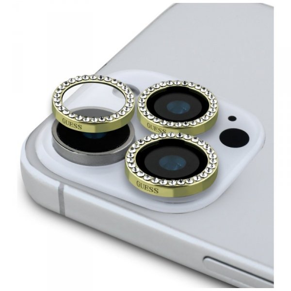 Zestaw 2w1 Guess BP Rhinestone szkło na  ekran i obiektyw aparatu do iPhone 16 Pro Max złoty