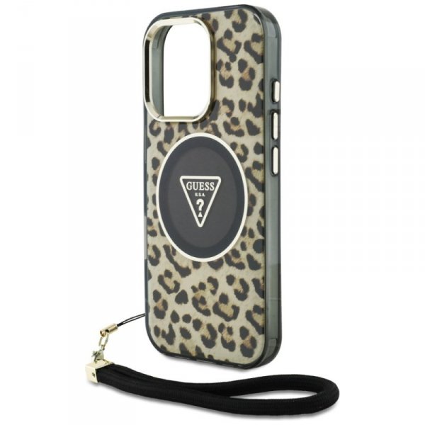 Etui Guess HC IML Leopard Triangle Cord  Strap do iPhone 16 Pro MagSafe brązowy