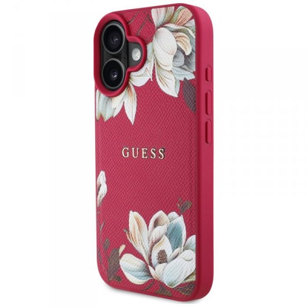 Etui Guess Grained Printed Flower        Pattern MagSafe do iPhone 16 fuksja