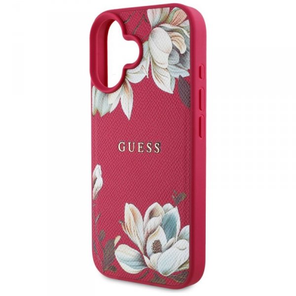 Etui Guess Grained Printed Flower        Pattern MagSafe do iPhone 16 fuksja