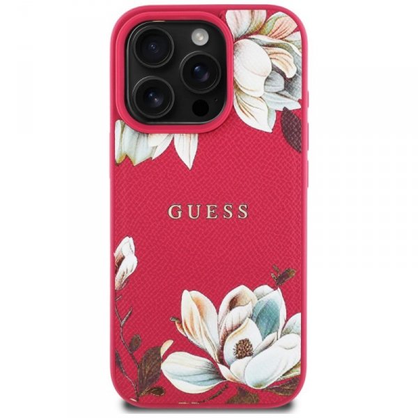 Etui Guess Grained Printed Flower        Pattern MagSafe do iPhone 16 Pro fuksja
