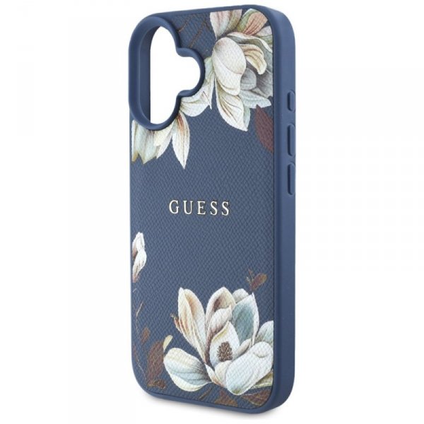 Etui Guess Grained Printed Flower        Pattern MagSafe do iPhone 16 niebieski