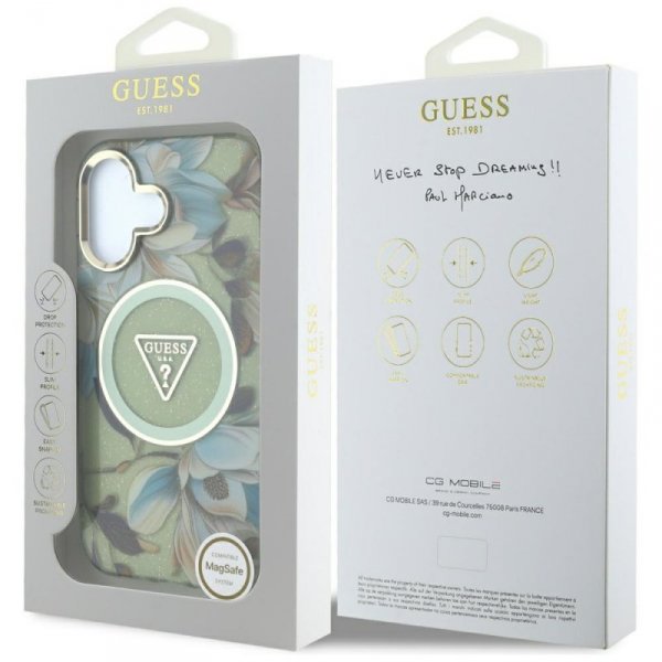 Etui Guess Glitter Flowers Triangle      Buttons MagSafe do iPhone 16 zielony
