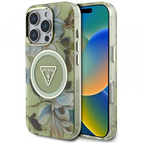 Etui Guess Glitter Flowers Triangle      Buttons MagSafe do iPhone 16 Pro zielony