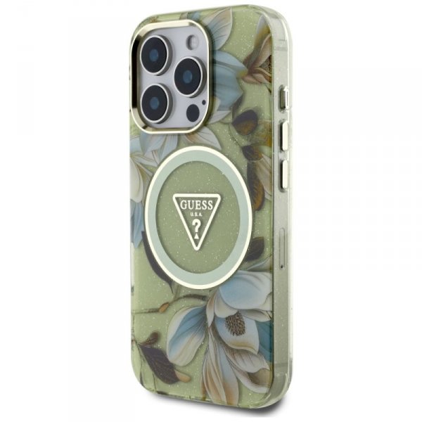 Etui Guess Glitter Flowers Triangle      Buttons MagSafe do iPhone 16 Pro zielony