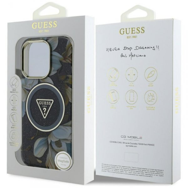 Etui Guess Glitter Flowers Triangle      Buttons MagSafe do iPhone 16 Pro czarny