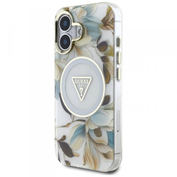 Etui Guess Glitter Flowers Triangle      Buttons MagSafe do iPhone 16 biały