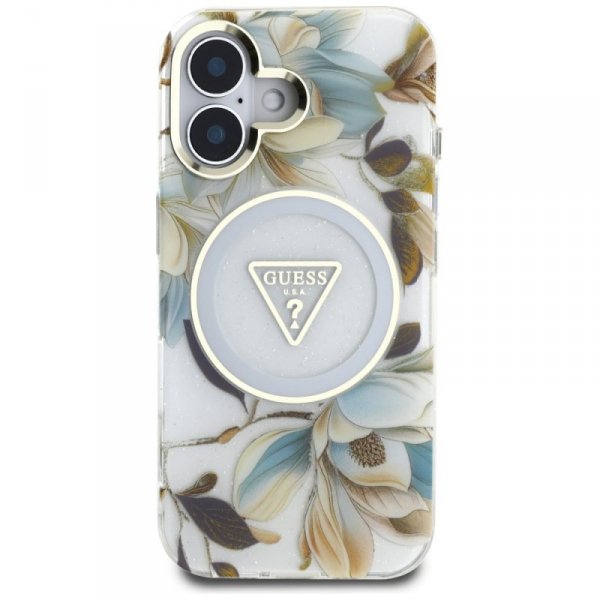 Etui Guess Glitter Flowers Triangle      Buttons MagSafe do iPhone 16 biały