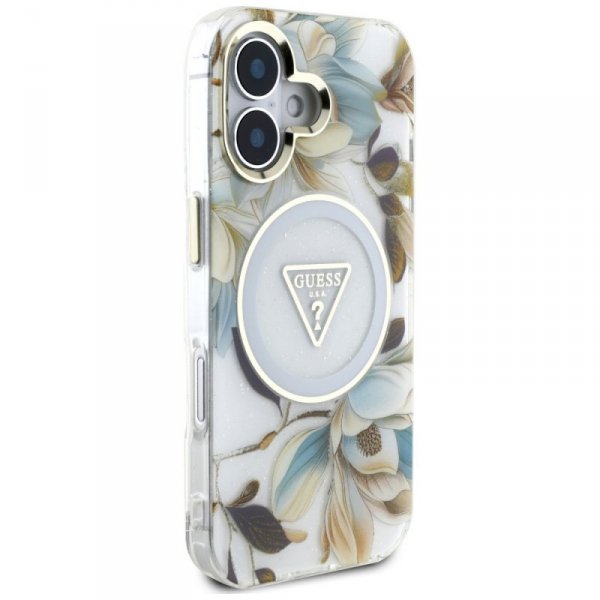 Etui Guess Glitter Flowers Triangle      Buttons MagSafe do iPhone 16 biały