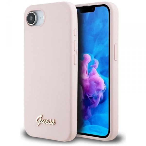 Etui Guess Silicone Script Metal Logo    MagSafe do iPhone 16e różowy